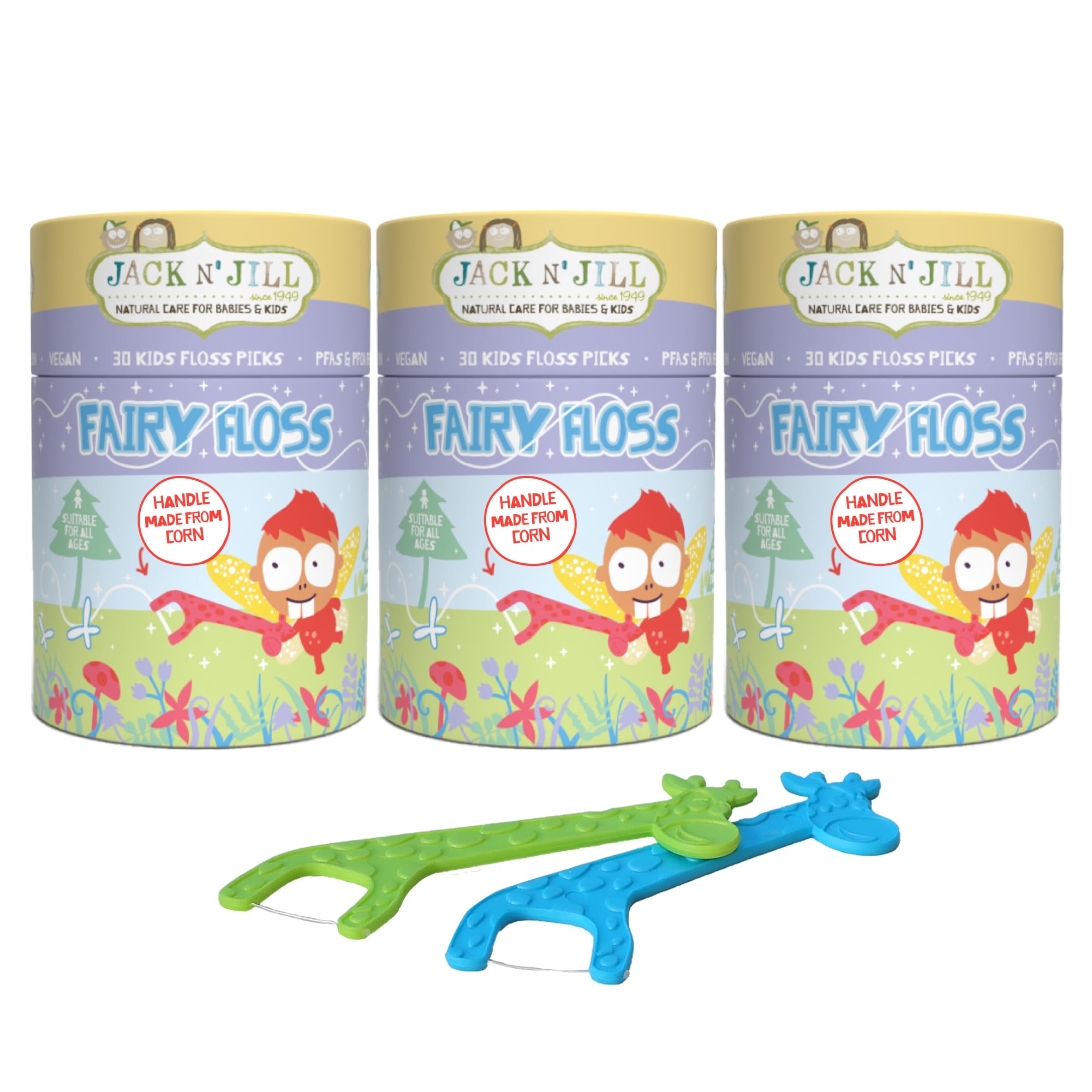 Kids dental flossers with giraffe-shaped corn starch handles in four colors