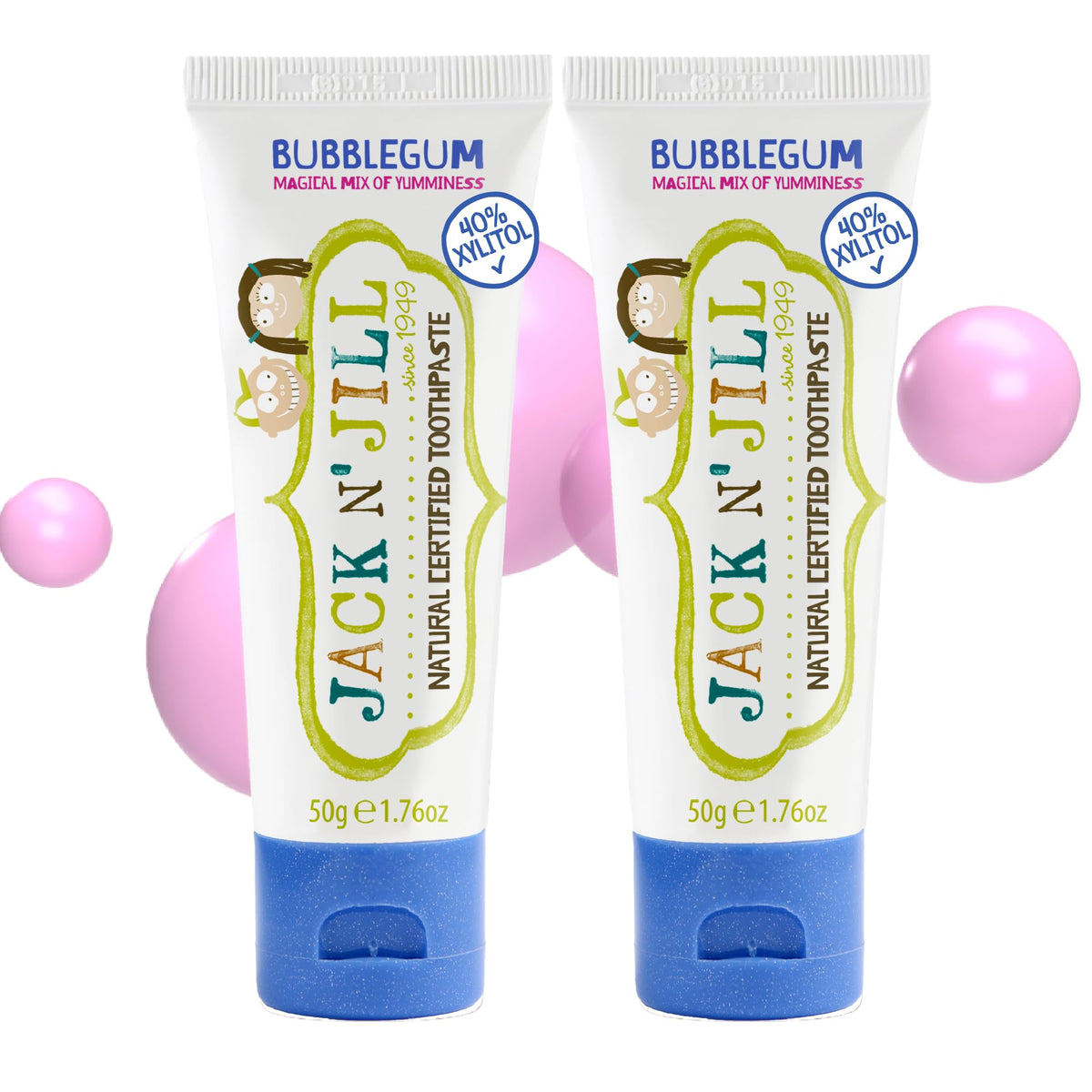 Two 1.76 oz tubes of Jack N' Jill Kids Bubblegum toothpaste in a 2-pack, fluoride-free, BPA-free, with 40% xylitol