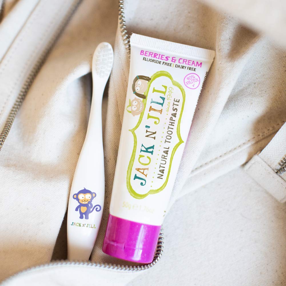 Close-up of Jack N' Jill Berry N' Cream toothpaste label featuring 40% xylitol