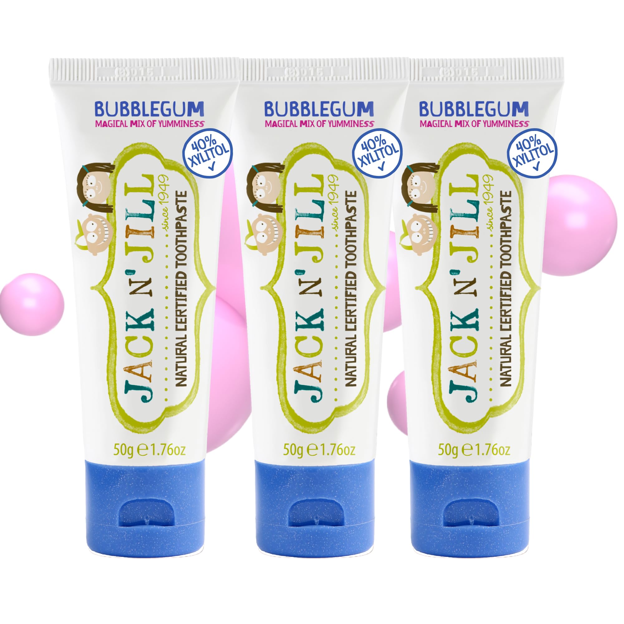 Front view of Jack N' Jill Bubblegum toothpaste for kids with pack of 3 tubes (1.76 oz each).