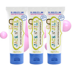 Front view of Jack N' Jill Bubblegum toothpaste for kids with pack of 3 tubes (1.76 oz each).