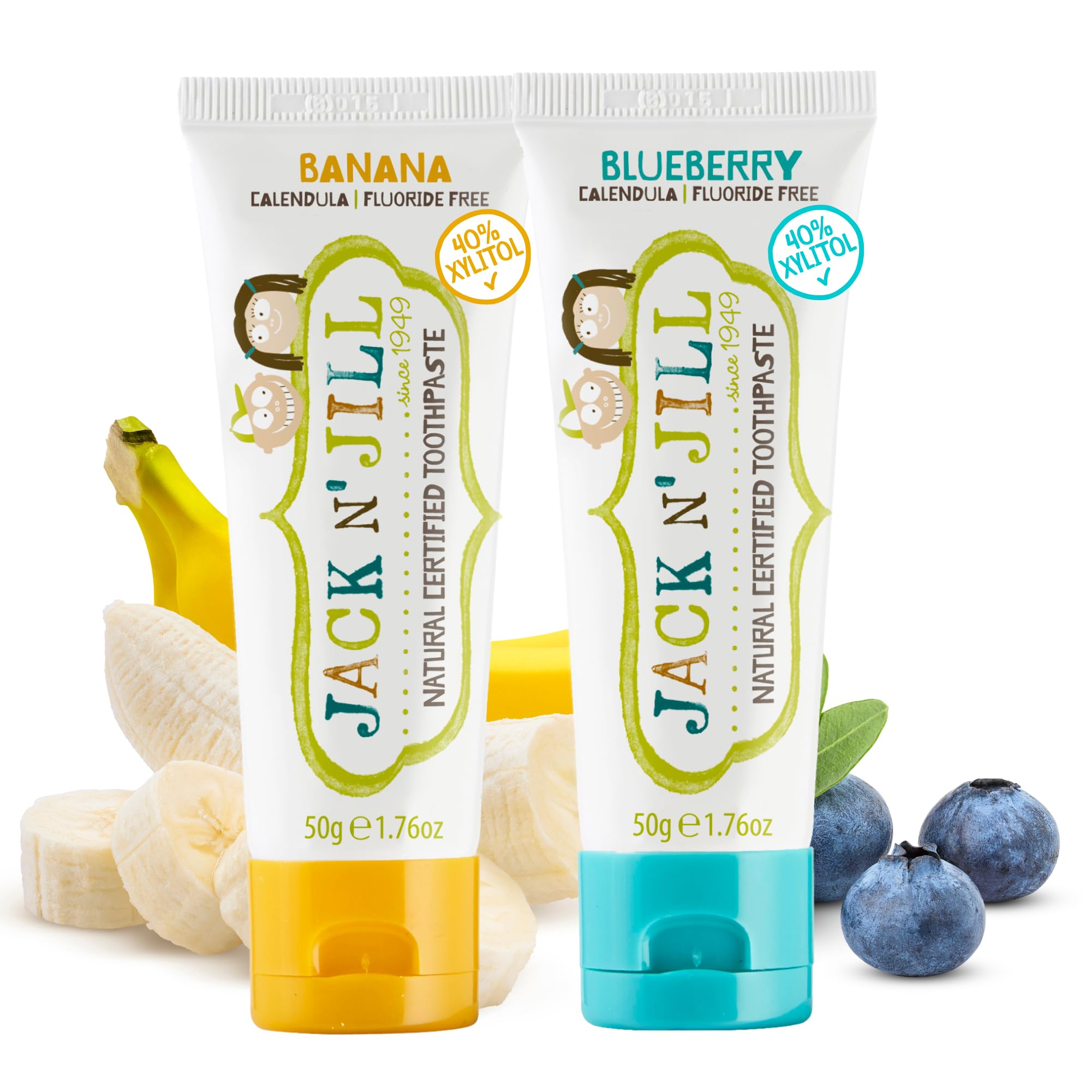 Front view of Jack N' Jill Kids Toothpaste Fluoride Free Banana & Blueberry 2x1.76 oz
