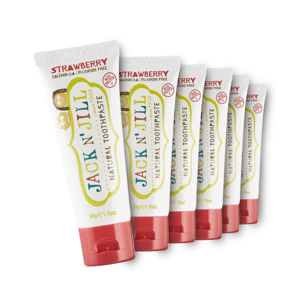 Jack N' Jill Kids Toothpaste Strawberry flavor - fluoride-free, 6-pack, 1.76 oz tubes.