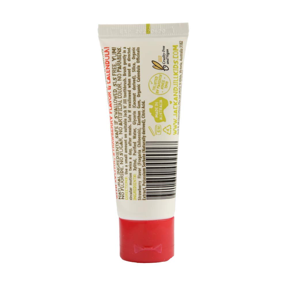 Pack of six fluoride-free toothpaste tubes for children, strawberry flavor.