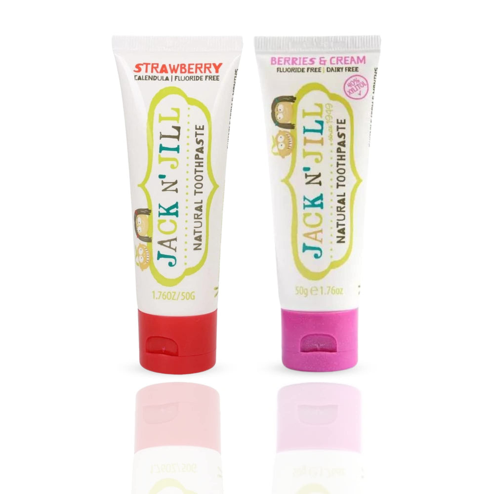 Jack N' Jill Kids toothpaste, fluoride-free, 2-pack, Strawberry & Berries N' Cream, 1.76 oz each, BPA-free packaging.