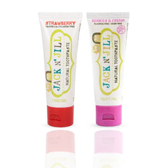 Jack N' Jill Kids toothpaste, fluoride-free, 2-pack, Strawberry & Berries N' Cream, 1.76 oz each, BPA-free packaging.