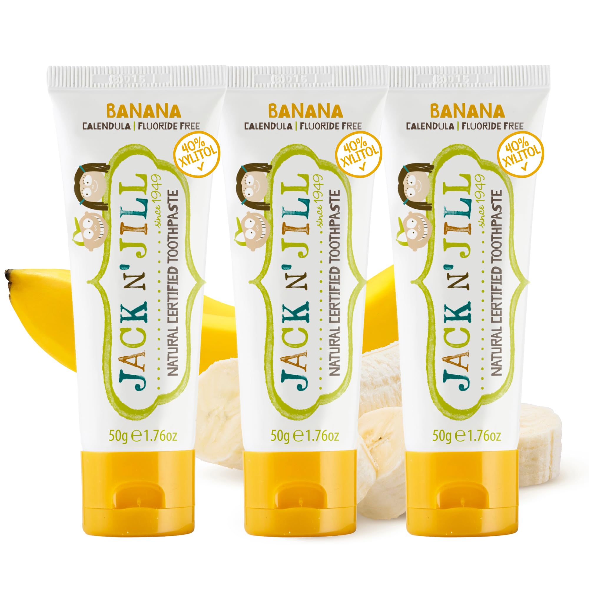 Front view of Jack N' Jill Natural Toddler Toothpaste Banana flavor (pack of 3)