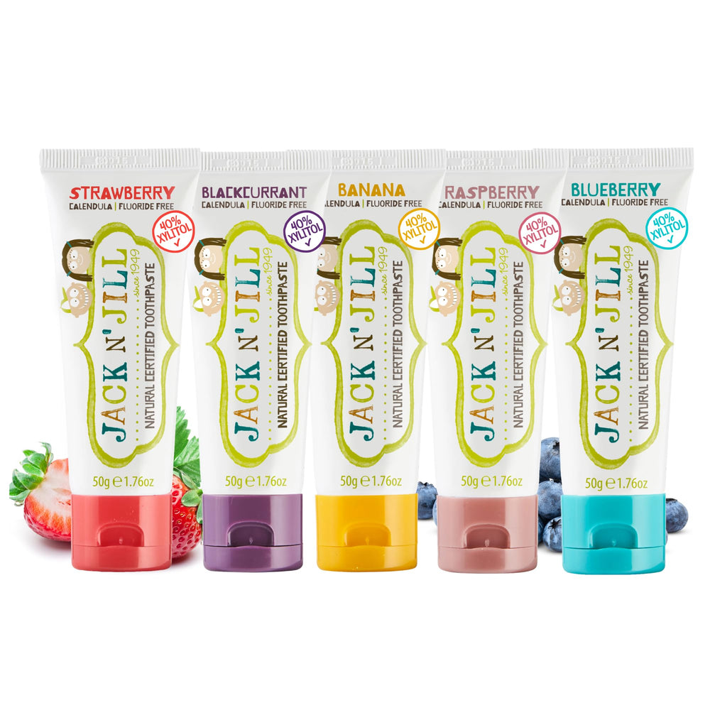 Front packaging of Jack N' Jill Natural Toddler Toothpaste Variety Pack