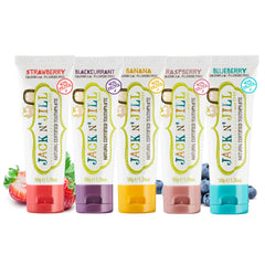 Front packaging of Jack N' Jill Natural Toddler Toothpaste Variety Pack