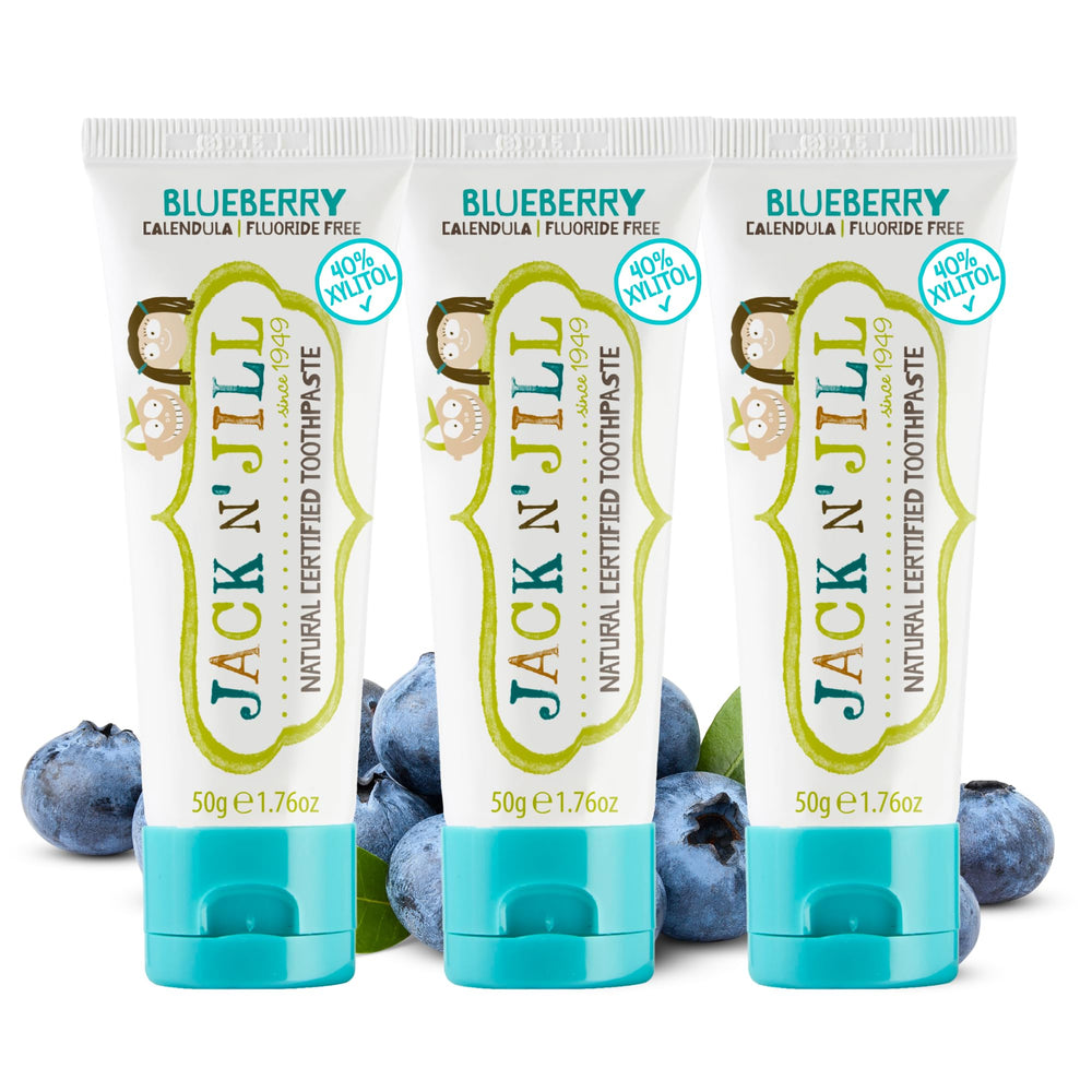 Jack N' Jill Natural Toddler Toothpaste Blueberry flavor front view with pack of 3