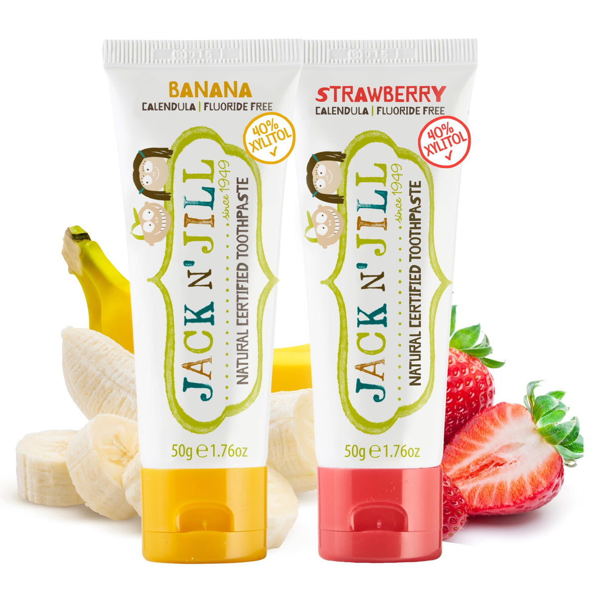 Jack N' Jill Natural Toddler Toothpaste fluoride-free strawberry banana flavor in a pack of 2