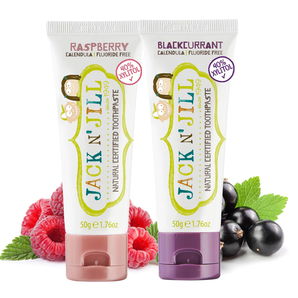 Jack N' Jill Natural Toddler Toothpaste Raspberry & Blackcurrant 2-pack box front