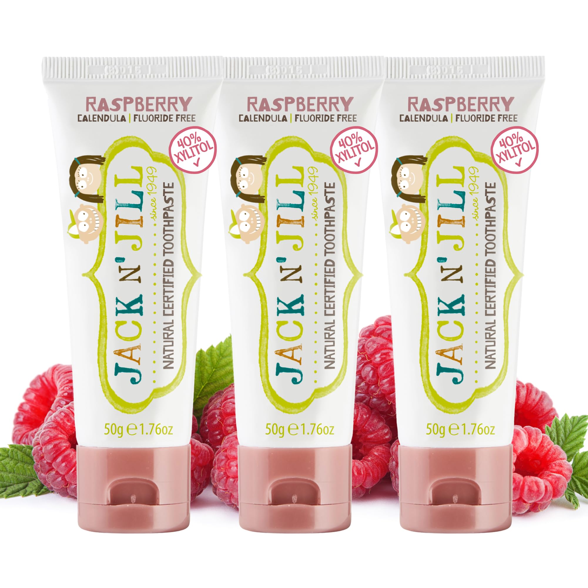 Pack of three Jack N' Jill Raspberry toothpaste tubes, 1.76 oz each