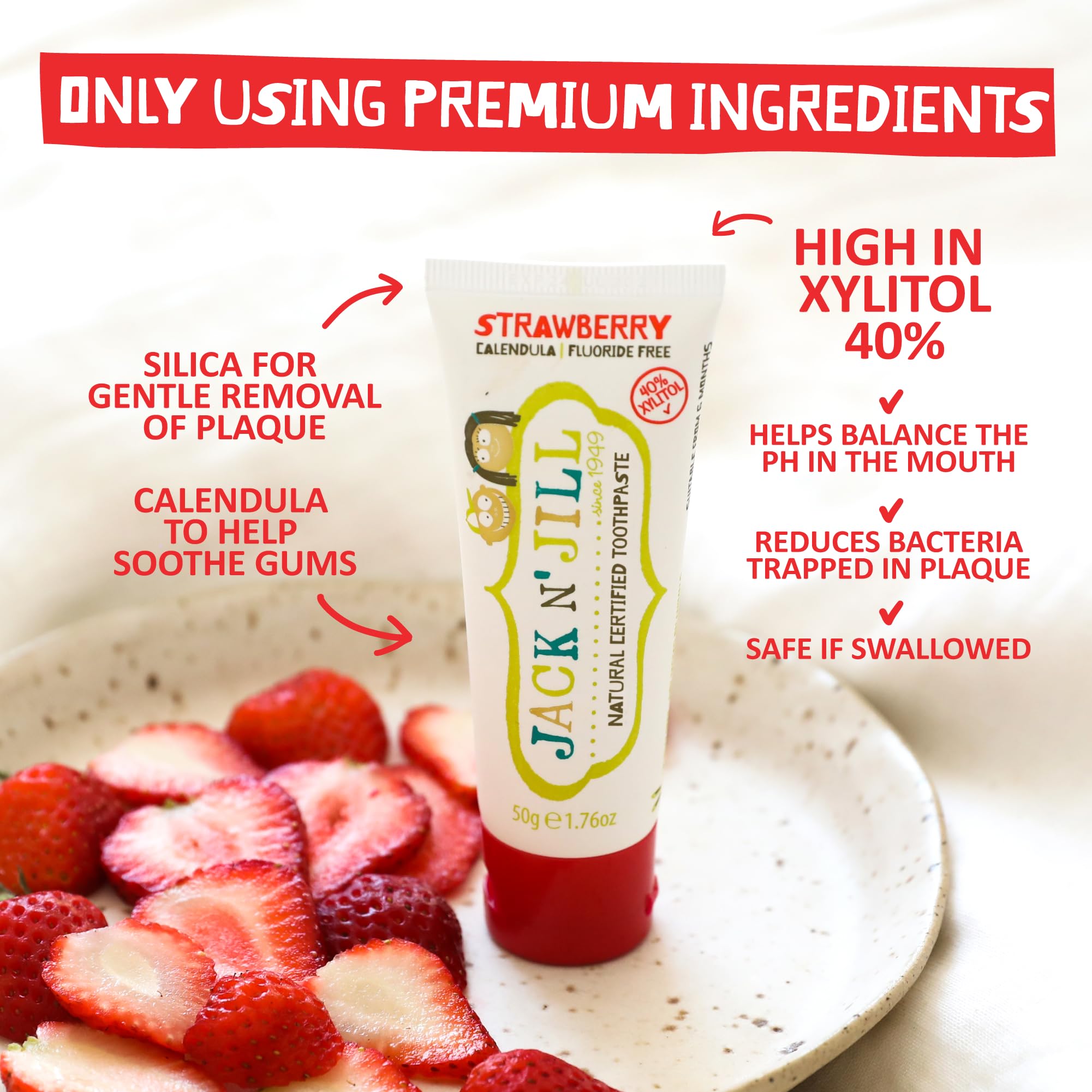 Jack N' Jill toothpaste ingredients highlighting xylitol and calendula