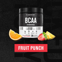 Close-up of BCAA label highlighting 2:1:1 fermented BCAAs