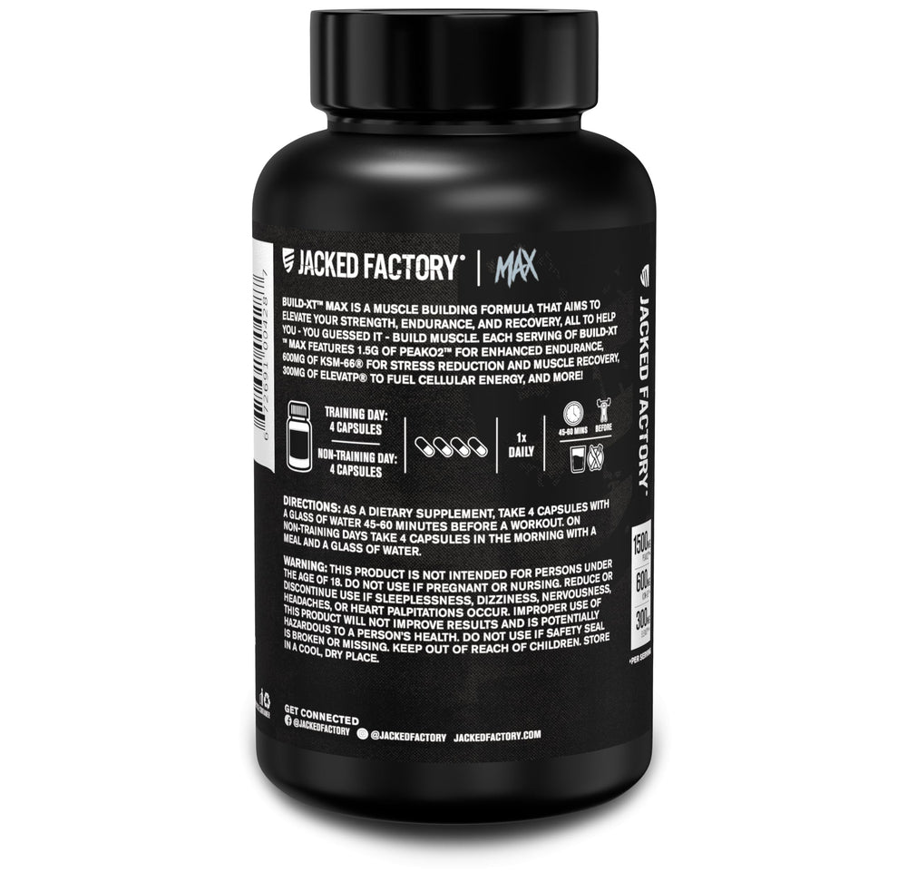 Jacked Factory Build-XT Max label and bottle in action during a training session.