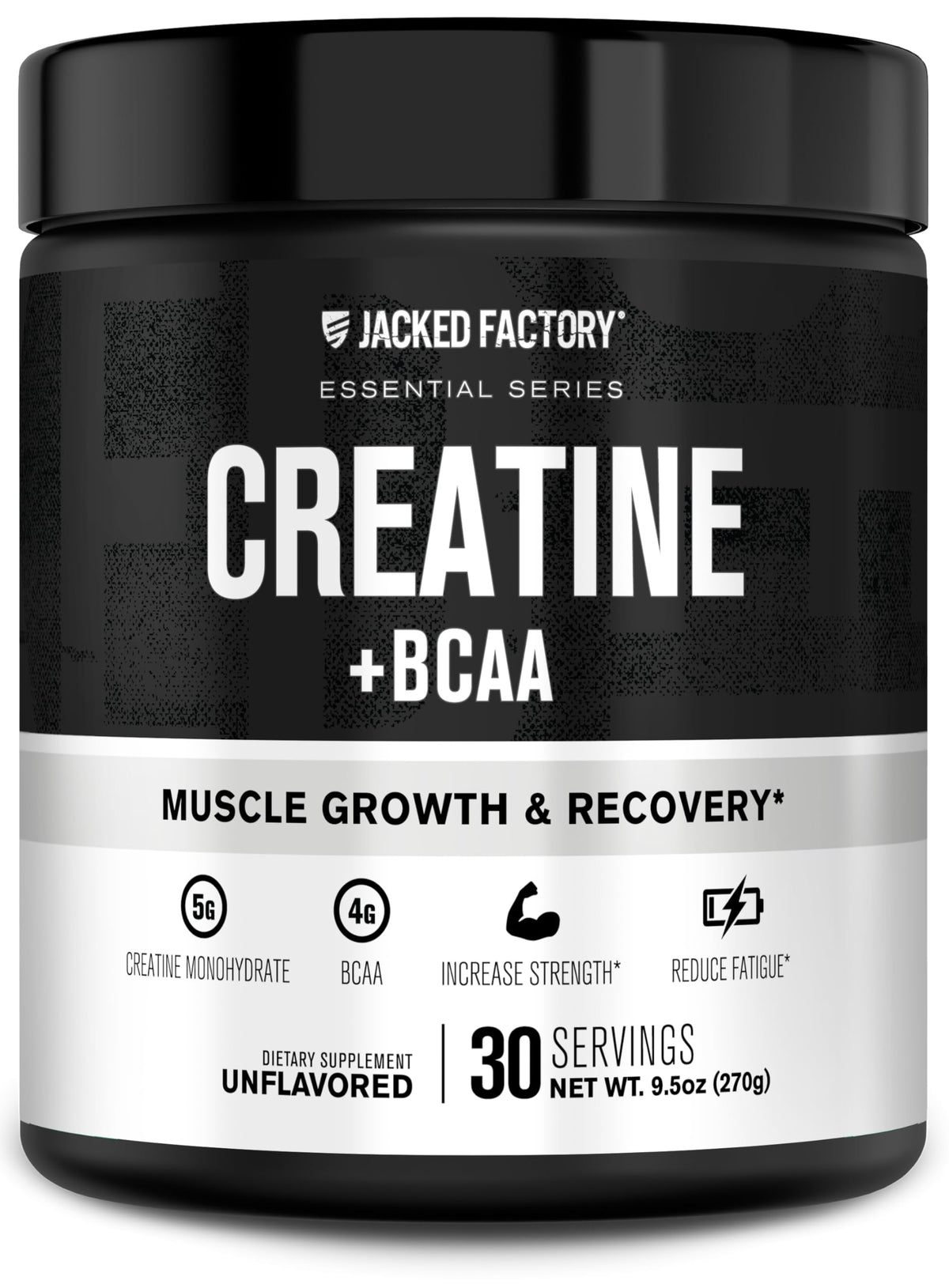 Jacked Factory Creatine + BCAAs bottle front view – unflavored, 30 servings