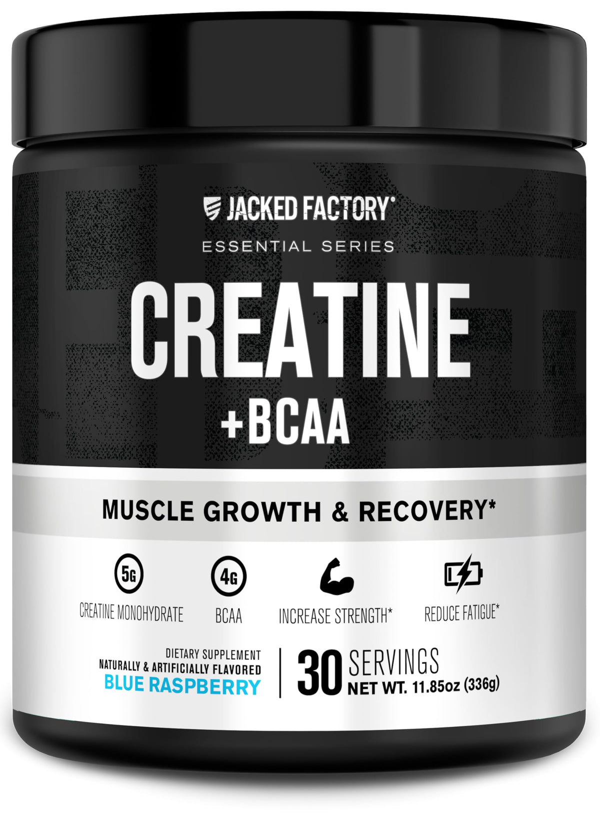 Front view of Jacked Factory Creatine + BCAAs Blue Raspberry bottle, 30 servings