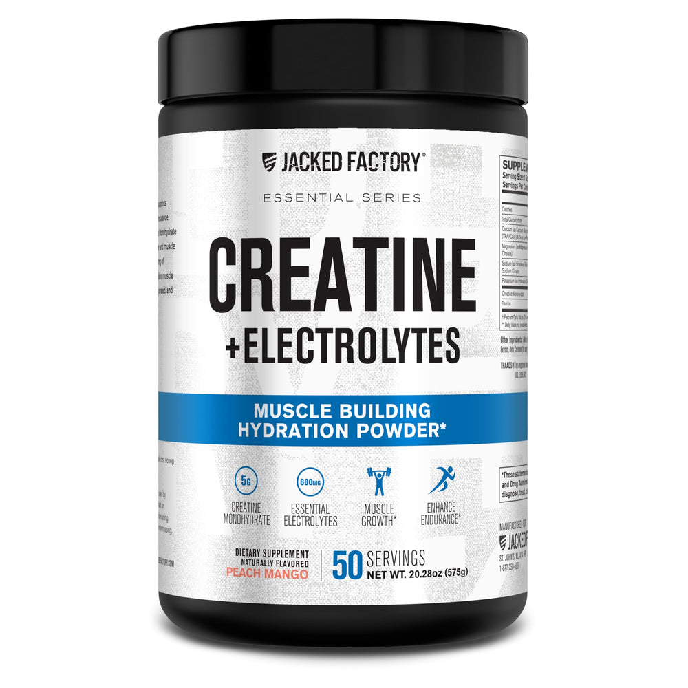 Front label of Jacked Factory Creatine + Electrolytes Peach Mango container