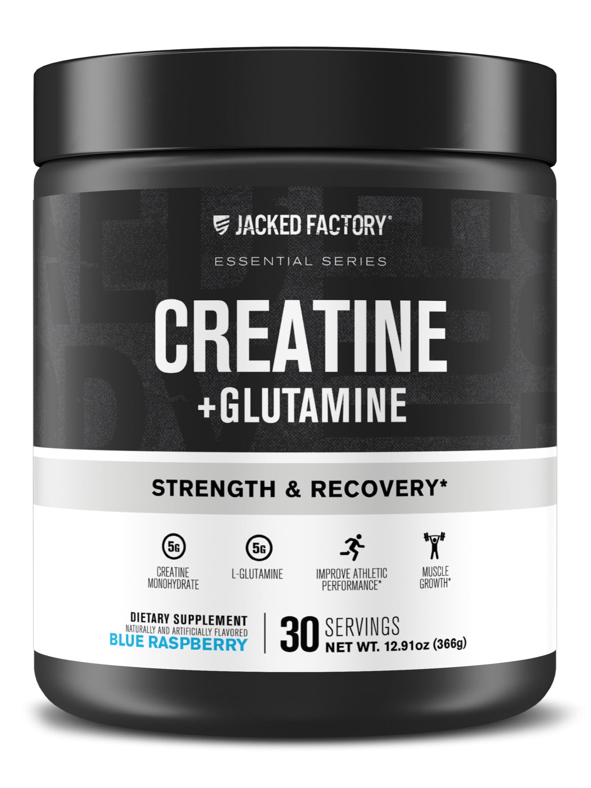 Bottle of Jacked Factory Creatine + Glutamine Blue Raspberry flavor, front view
