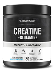 Bottle of Jacked Factory Creatine + Glutamine Blue Raspberry flavor, front view