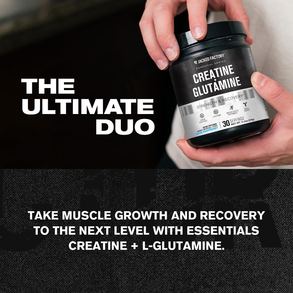 Front view of Jacked Factory Creatine + Glutamine bottle with Blue Raspberry label