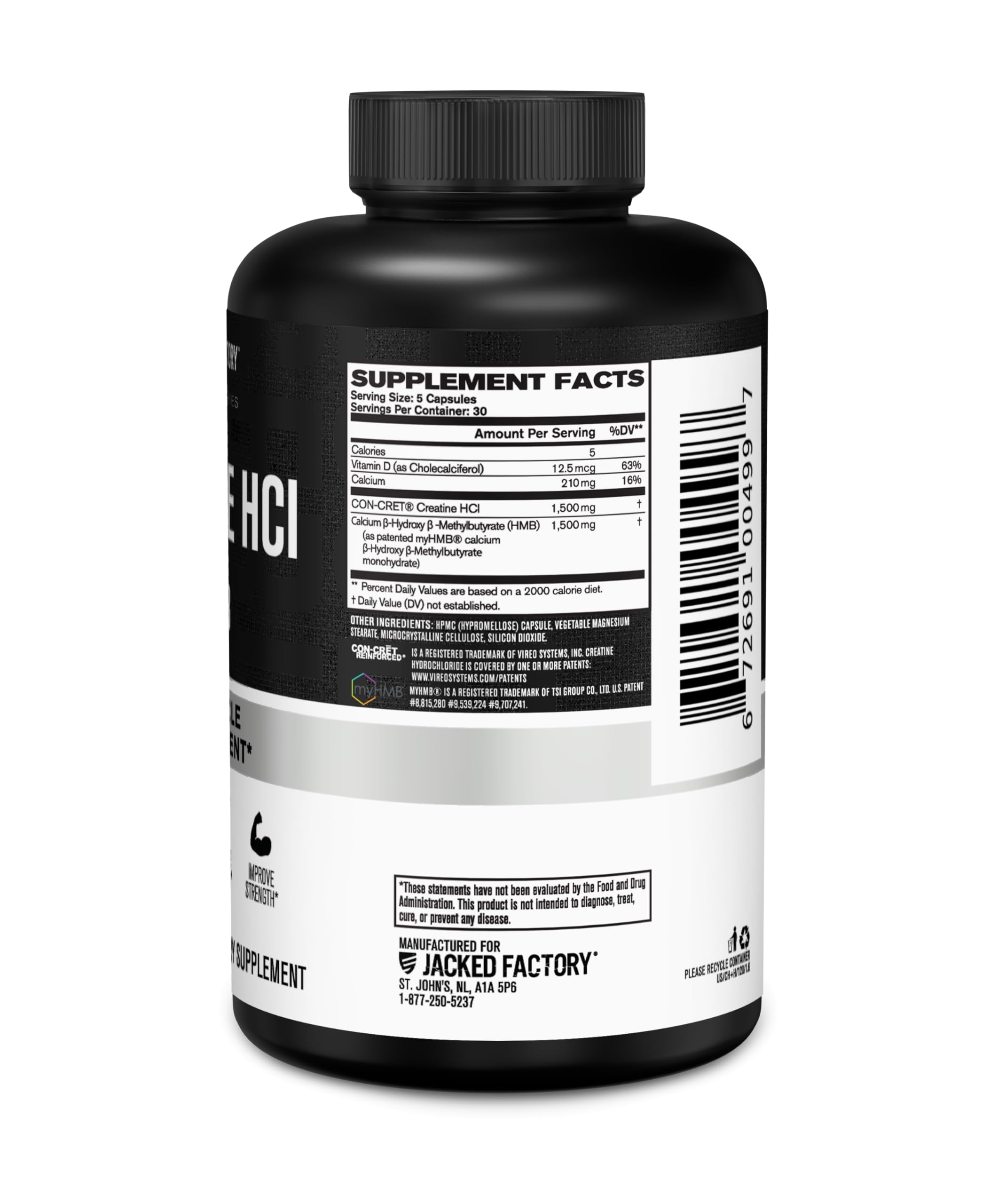 Front view of Jacked Factory Creatine HCL + HMB 150 capsules bottle