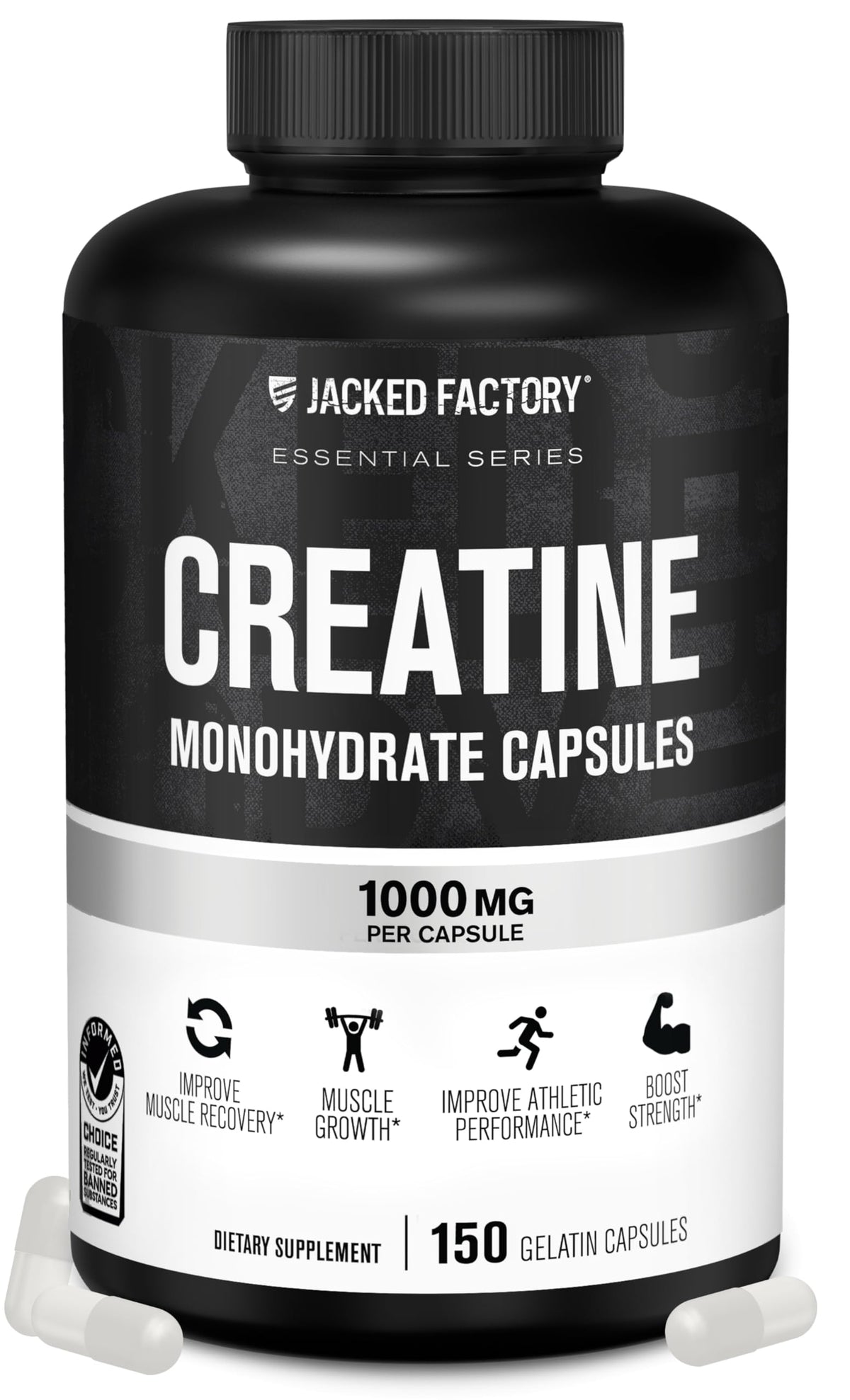 Front view of Jacked Factory Creatine Monohydrate Capsules bottle