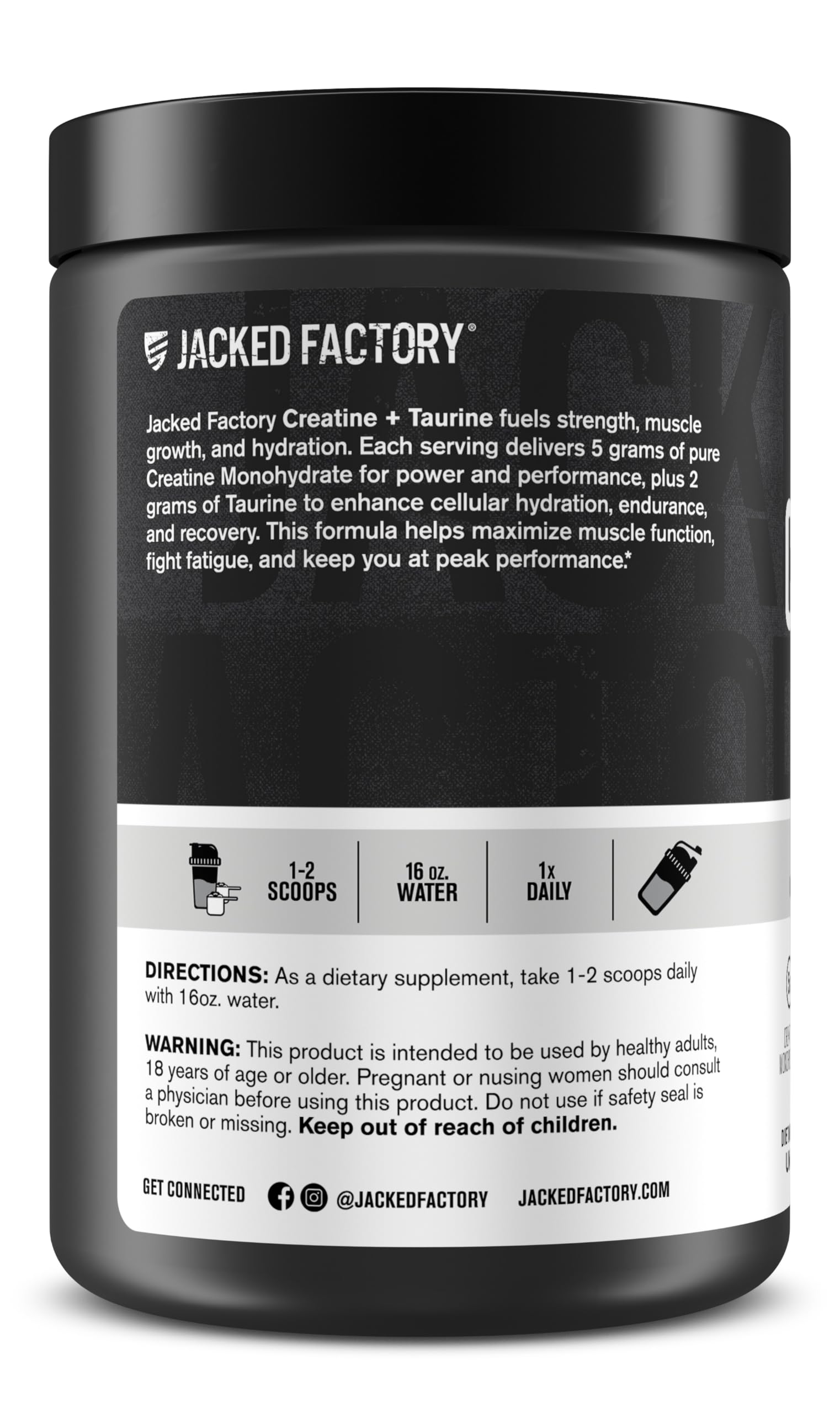 Close-up of Jacked Factory Creatine + Taurine 60-serving bottle