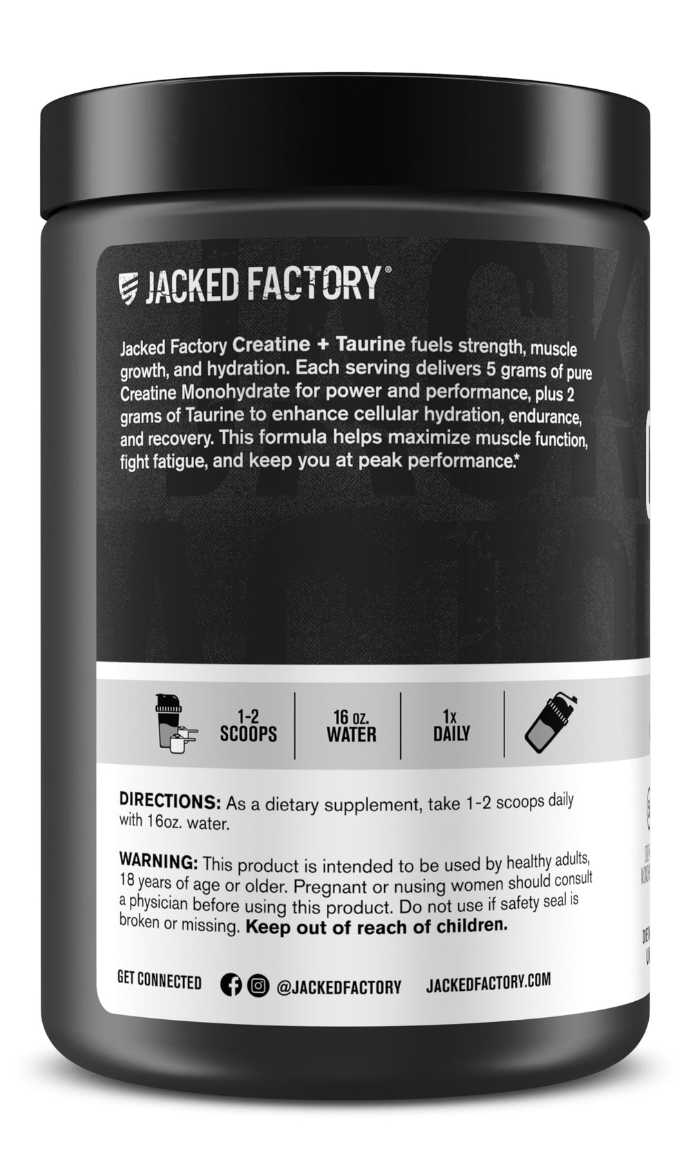 Close-up of Jacked Factory Creatine + Taurine 60-serving bottle