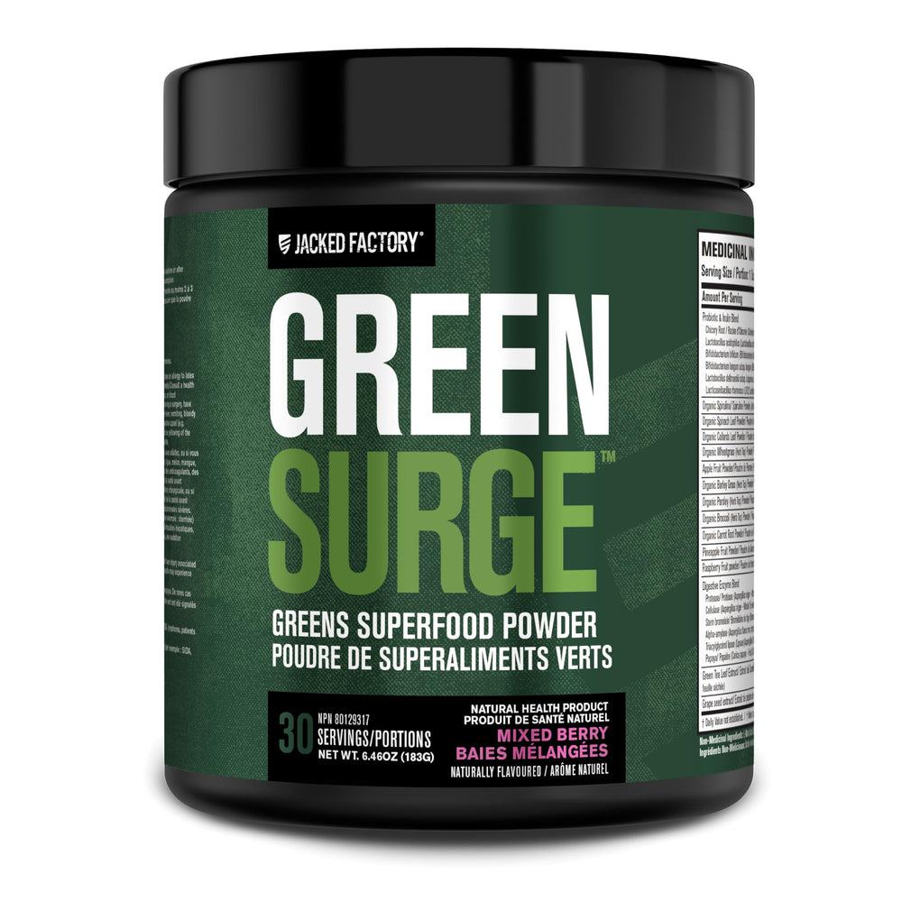 Jacked Factory Green Surge bottle showing Mixed Berry flavor