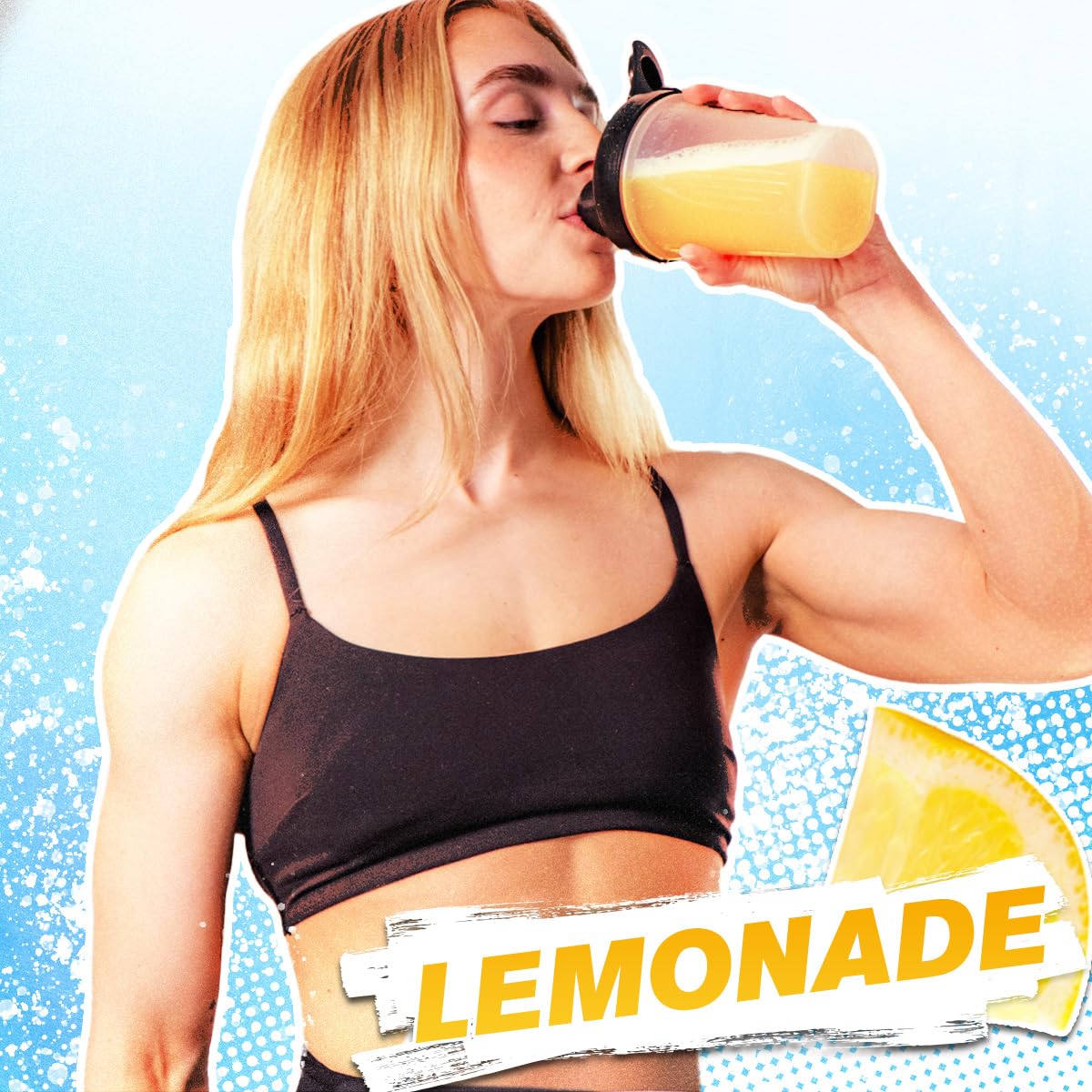 Dissolving Hydrasurge lemonade powder in a glass shows quick hydration.