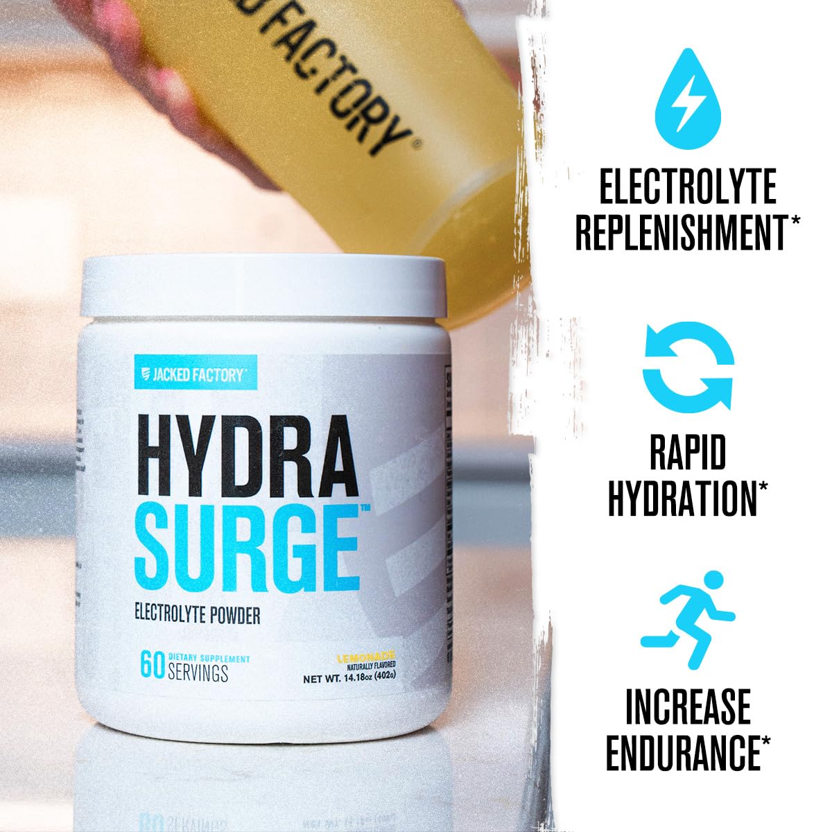 Hydrasurge lemonade scoop ready to measure electrolytes for workouts.