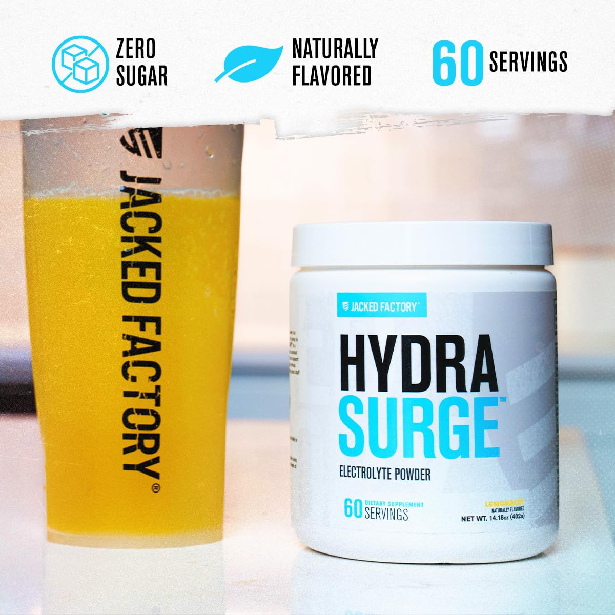 Served Hydrasurge lemonade glass demonstrates refreshing electrolyte hydration after training.
