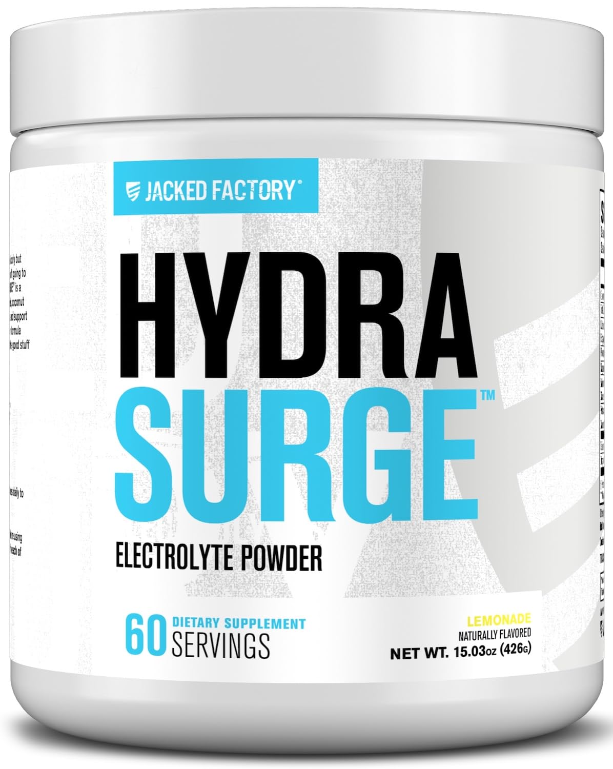 Jacked Factory Hydrasurge lemonade tub front highlights electrolyte blend for hydration.