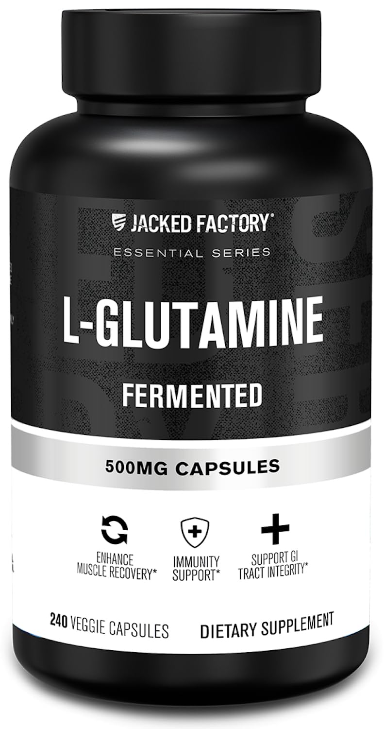 Front view of Jacked Factory L-Glutamine 500mg capsule bottle