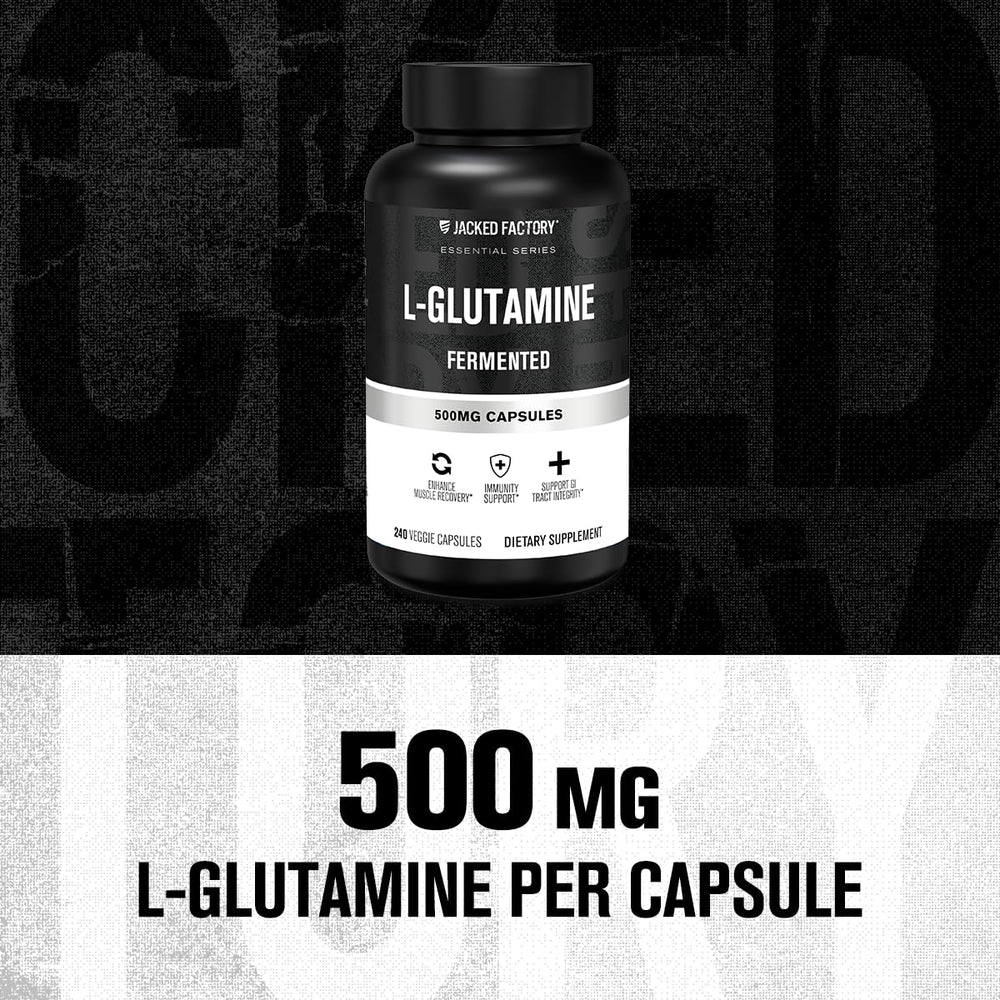 Close-up of L-Glutamine capsules inside bottle