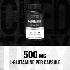 Close-up of L-Glutamine capsules inside bottle