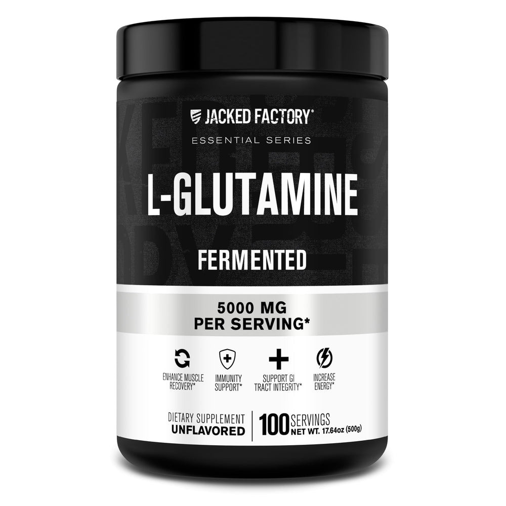 Jacked Factory L-Glutamine Powder label with 100 servings