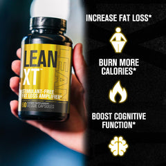 Diet pills bottle with Lean-XT label and capsules