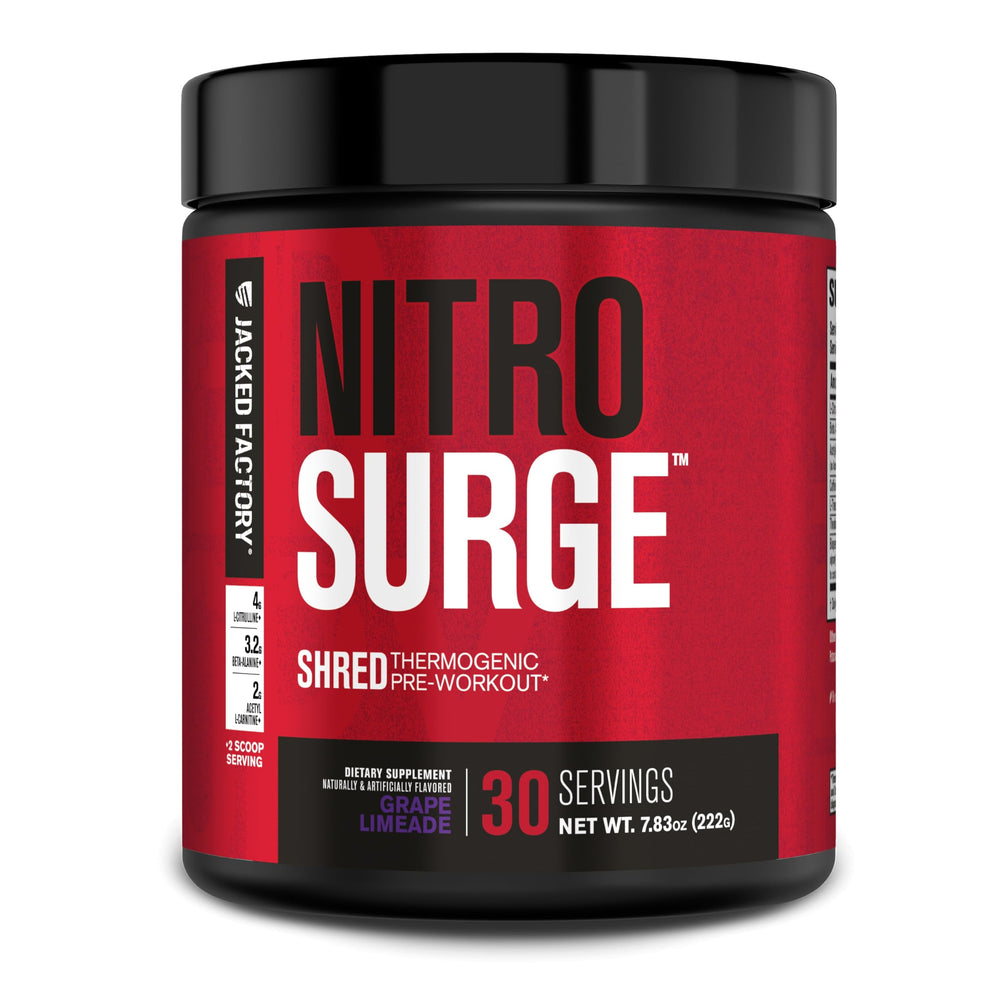 Front view of Jacked Factory Nitrosurge Shred jar in Grape Limeade flavor