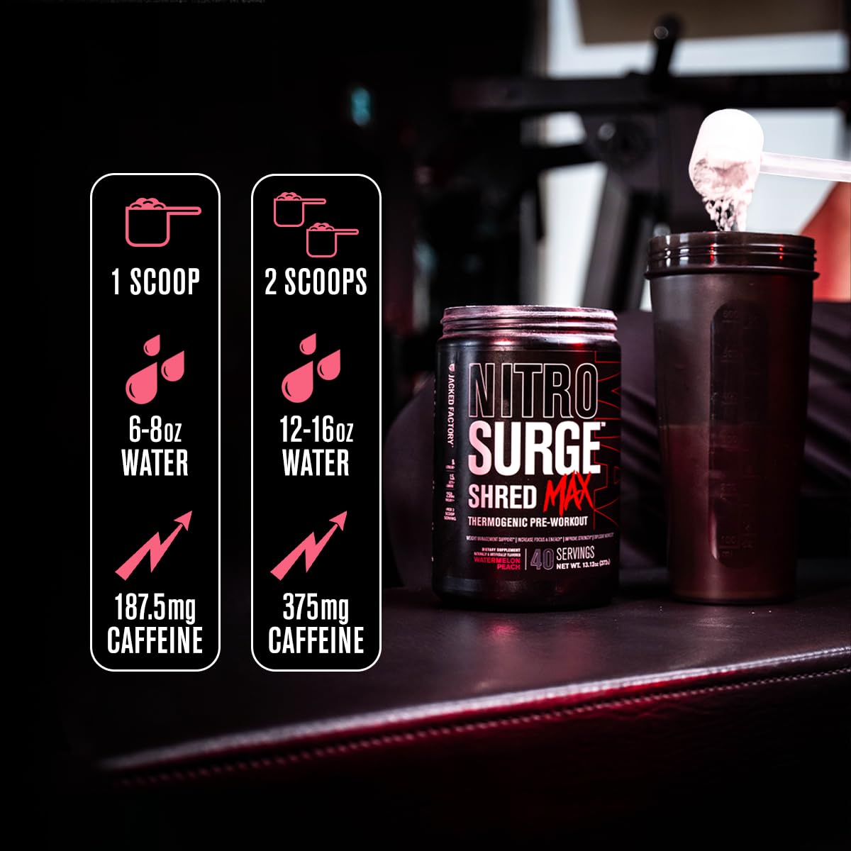 Jacked Factory Nitrosurge Shred Max powder-pour captures quick-mix action for steady energy.