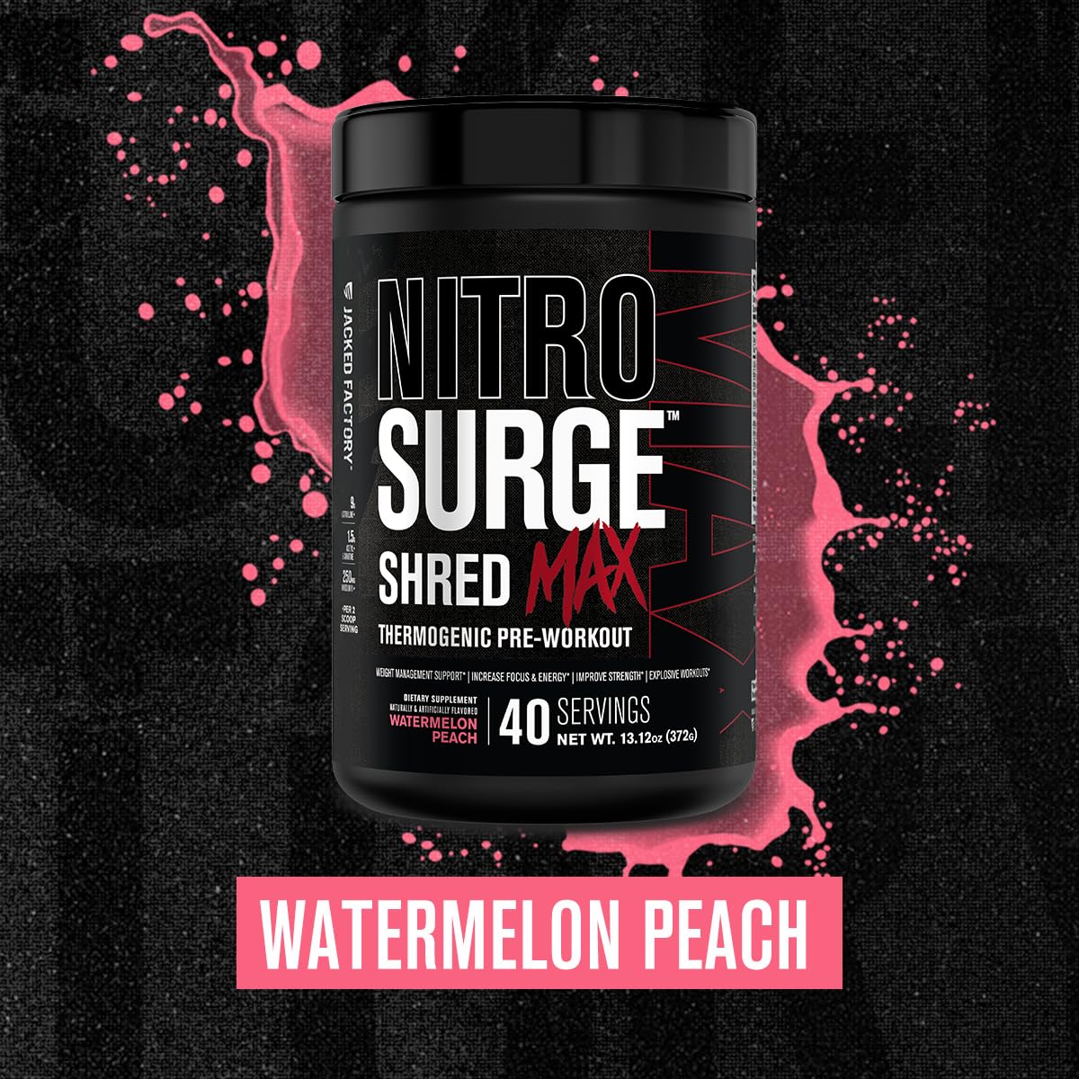 Jacked Factory Nitrosurge Shred Max powder-pour captures quick-mix action for steady energy.