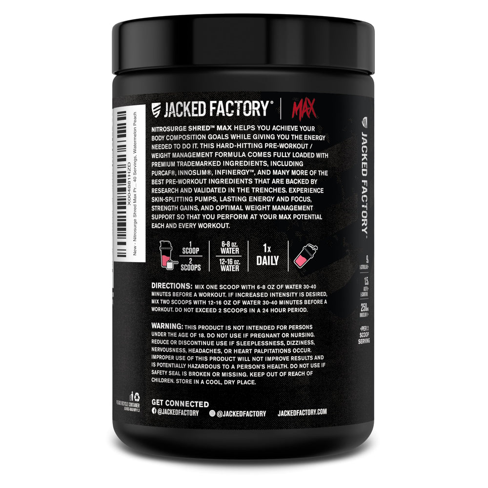Jacked Factory Nitrosurge Shred Max shaker-ready setup supports quick preworkout routines.