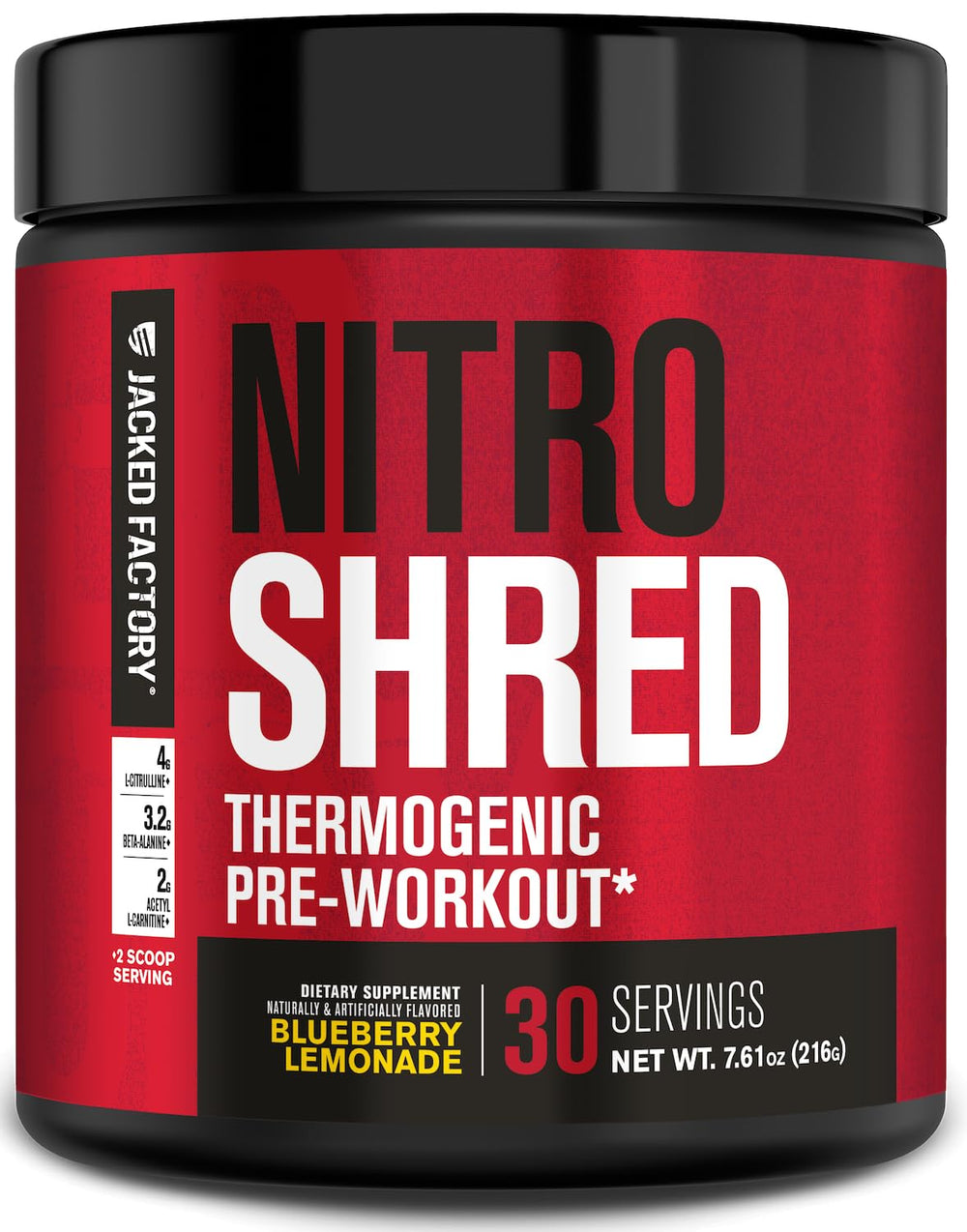 Front view of Jacked Factory Nitrosurge Shred Pre Workout Blueberry Lemonade