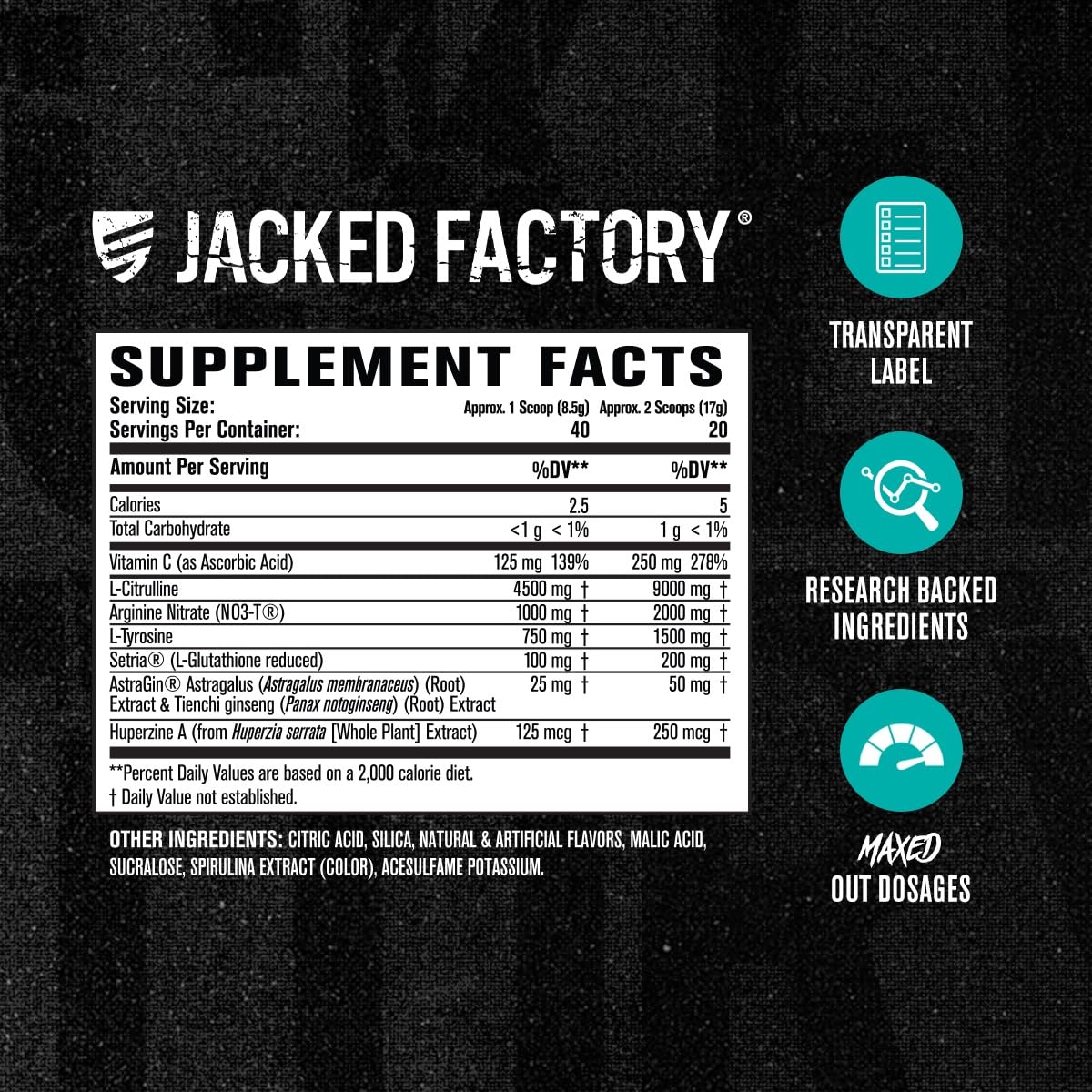 Jacked Factory Pumpsurge Max blue raspberry tub highlights flavor and serving size.