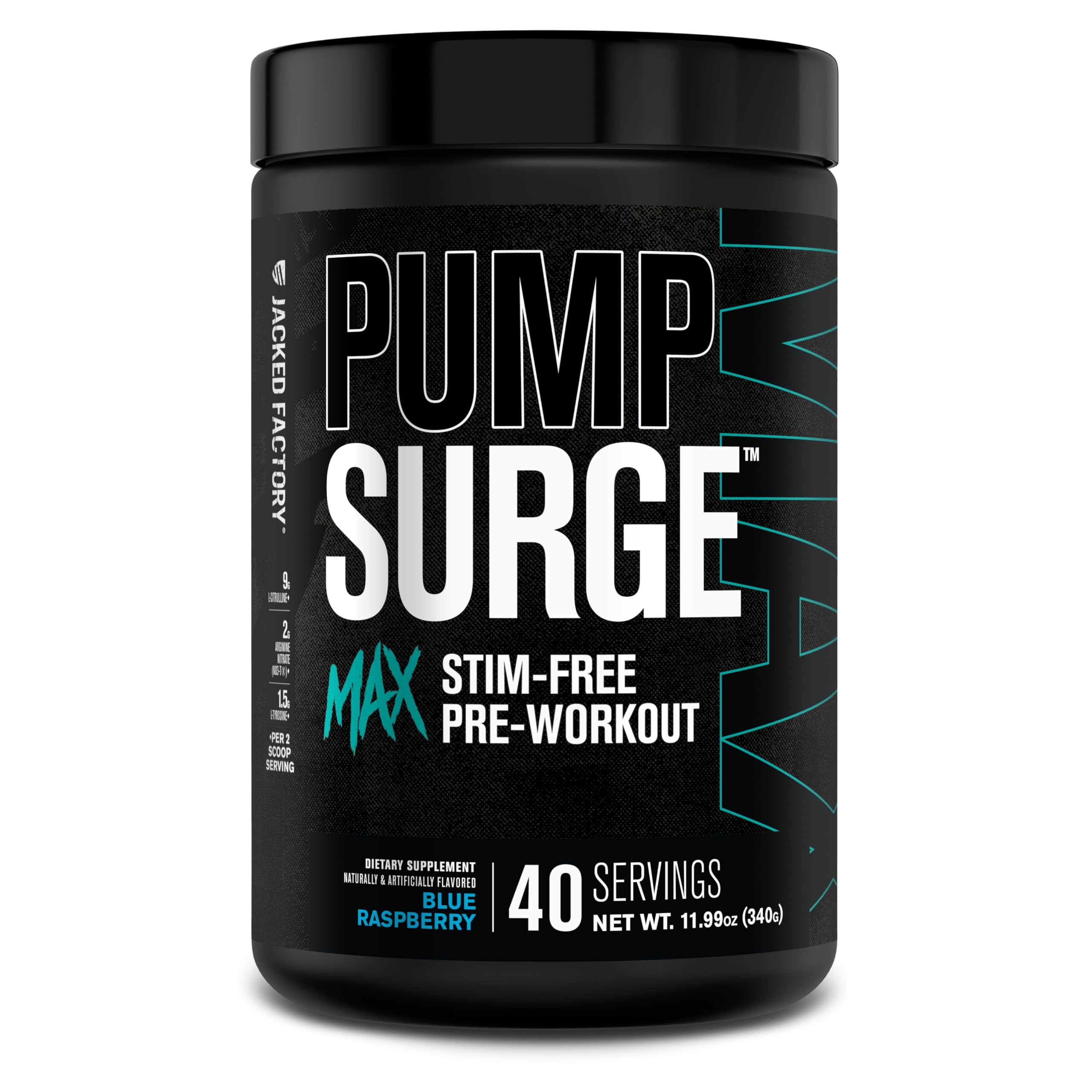 Jacked Factory Pumpsurge Max bottle front shows pump-focused, non-stim pre-workout.