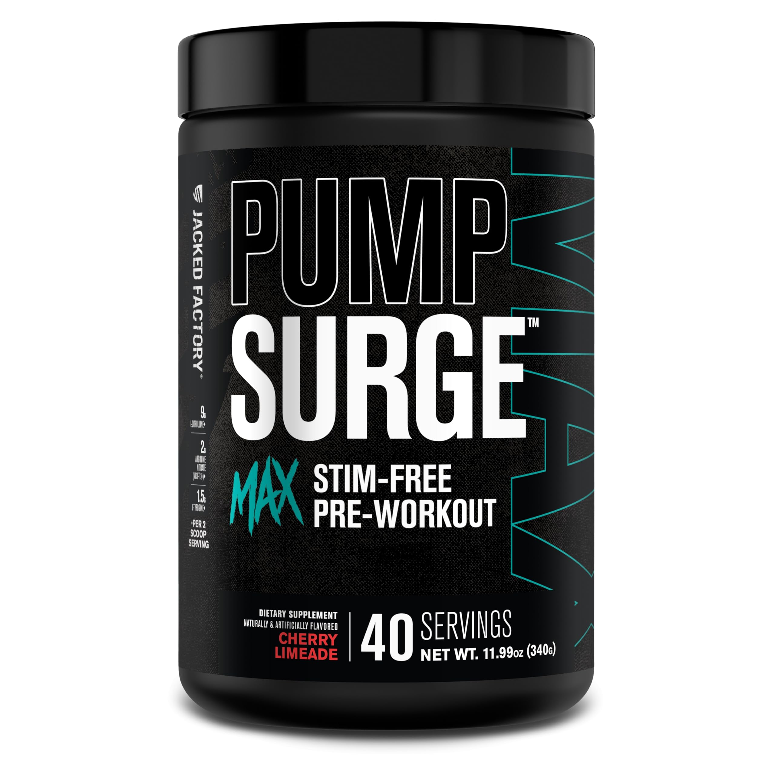Jacked Factory Pumpsurge Max Cherry Limeade tub highlights stimulant-free pumps and nutrient delivery.