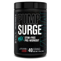 Jacked Factory Pumpsurge Max Cherry Limeade tub highlights stimulant-free pumps and nutrient delivery.