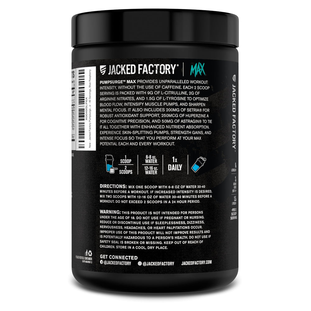 Jacked Factory Pumpsurge Max packaging box communicates premium quality and cgmp manufacturing.